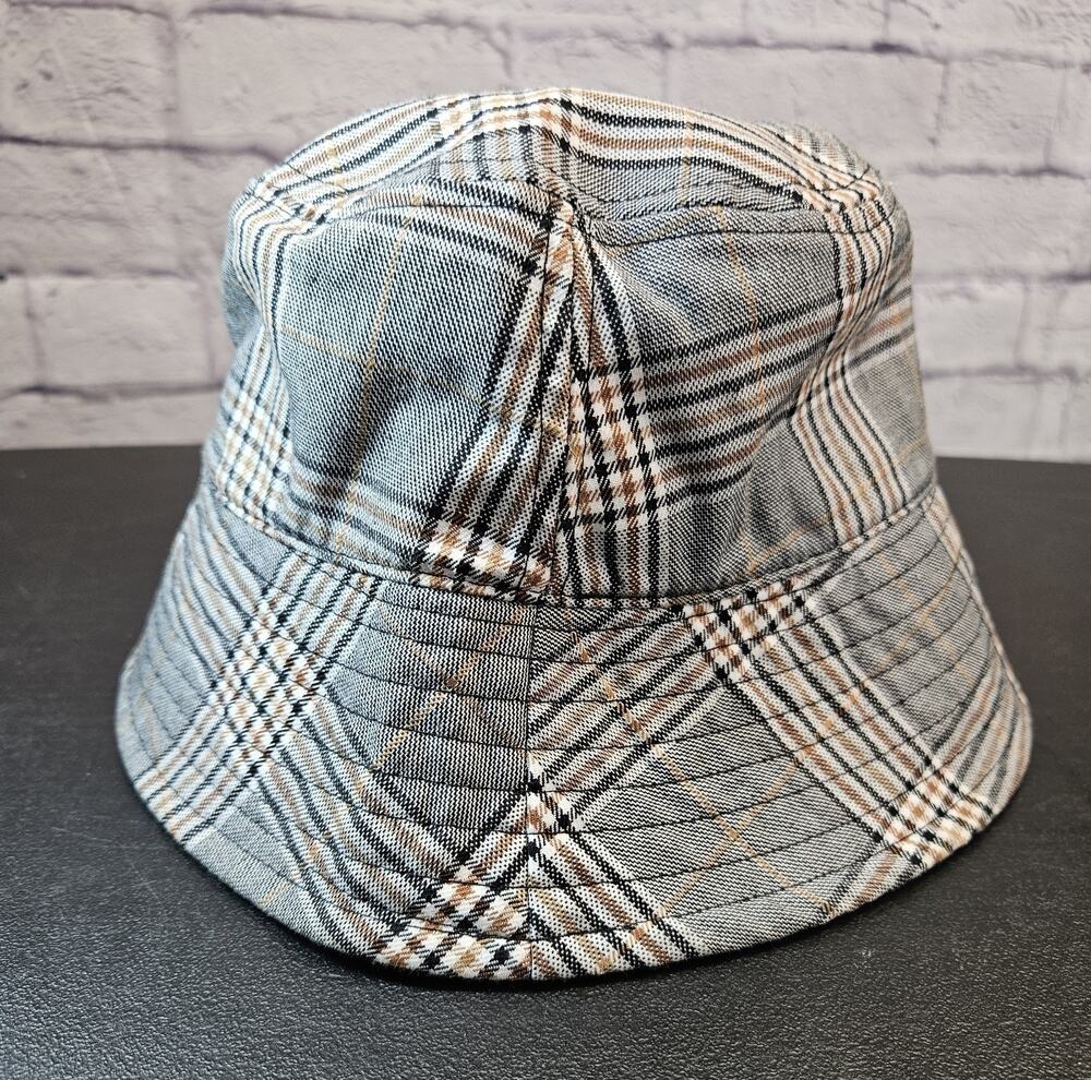 H&M Plaid Bucket Hat Gray Tan Check Preppy Academia Y2K Unisex M/L Fall Fashion